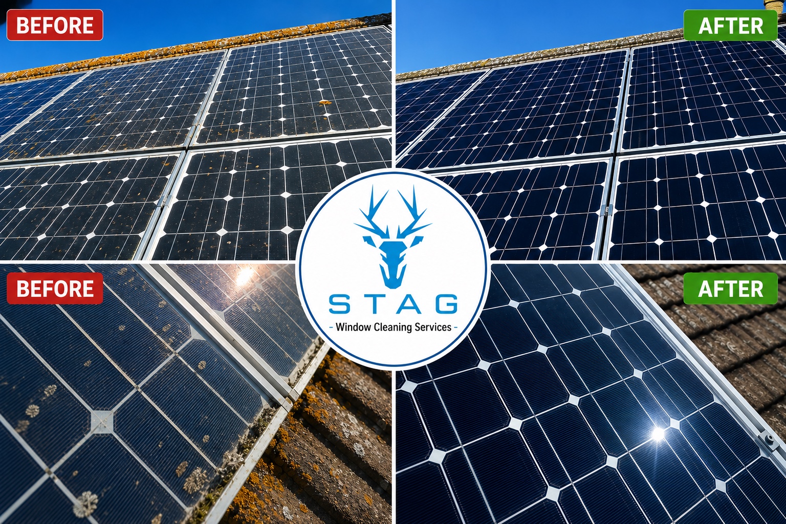 Before and after examples of solar panel cleaning by Stag