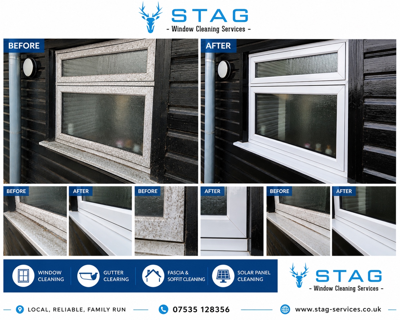 Before and after examples of exterior window and frame cleaning by Stag